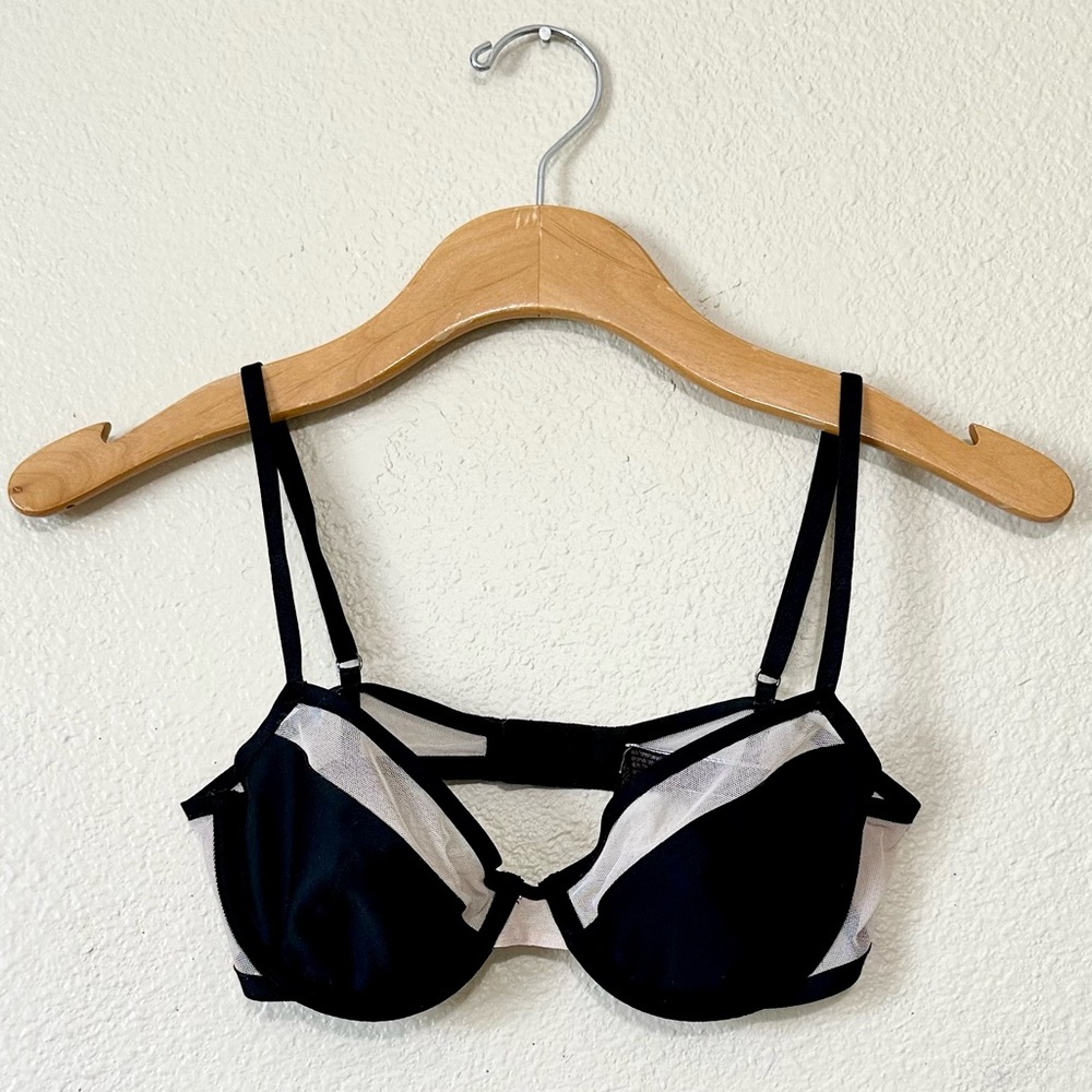 Victoria’s Secret Unlined Sheer Mesh Demi Bra - Size 32D, Cream/Black - Like New